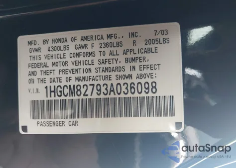 2003 Honda Accord 3.0 Ex из США, поврежденный, VIN 1HGCM82793A036098